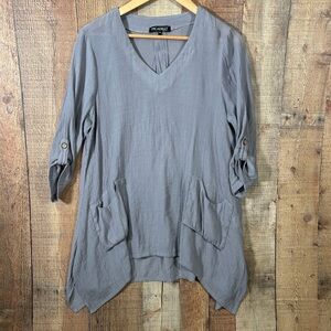 Picadilly Canada Gray Lagenlook Tunic Top M Roll Tab Sleeves Pockets Asym Hem